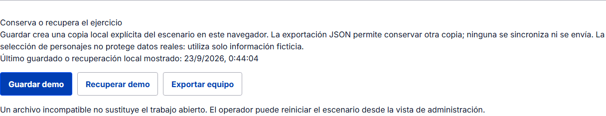 El escenario se guarda solo al pulsar el botón; la copia completa corresponde al personaje operador.