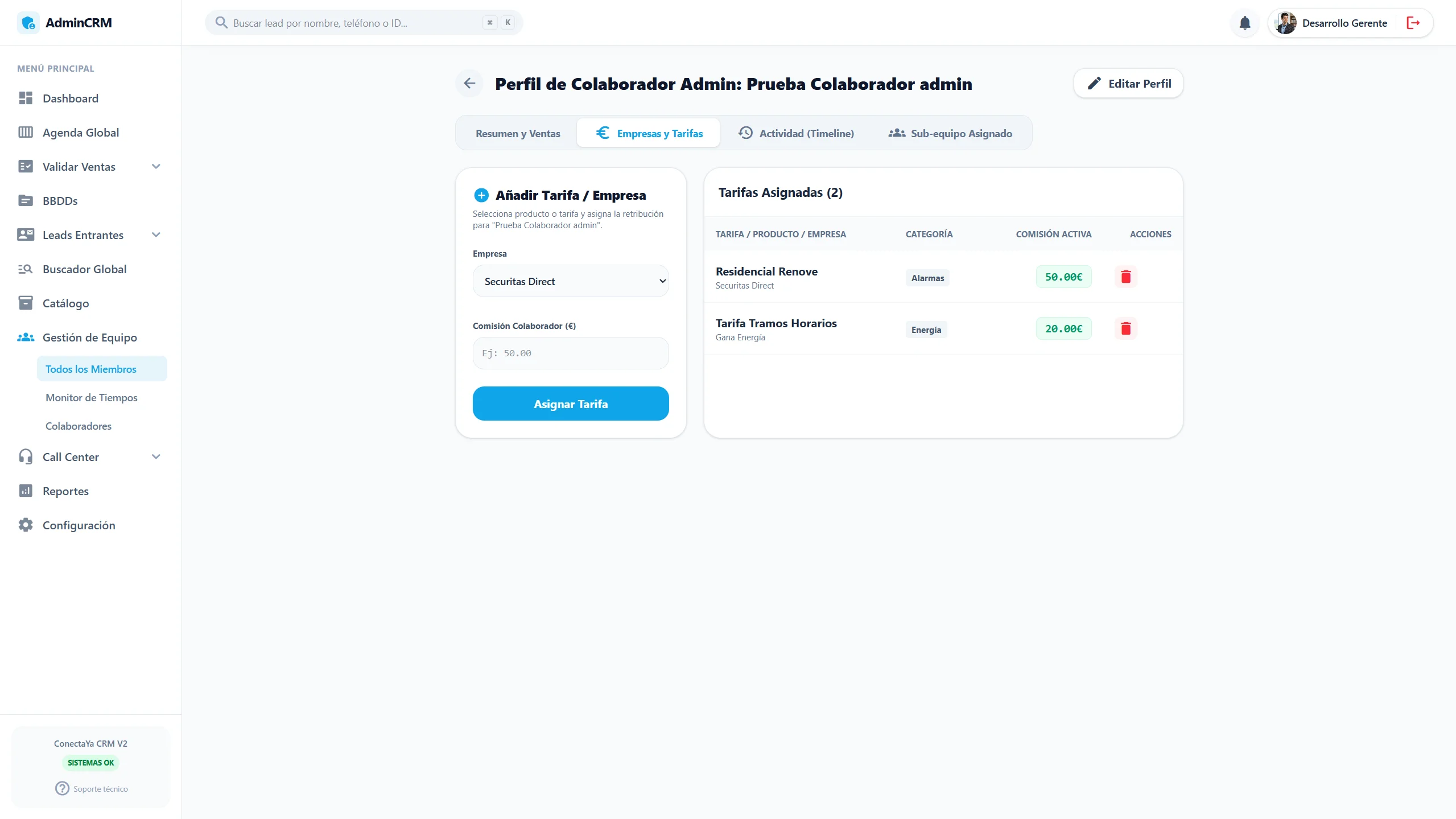 Panel de administración de comisiones por producto y colaborador