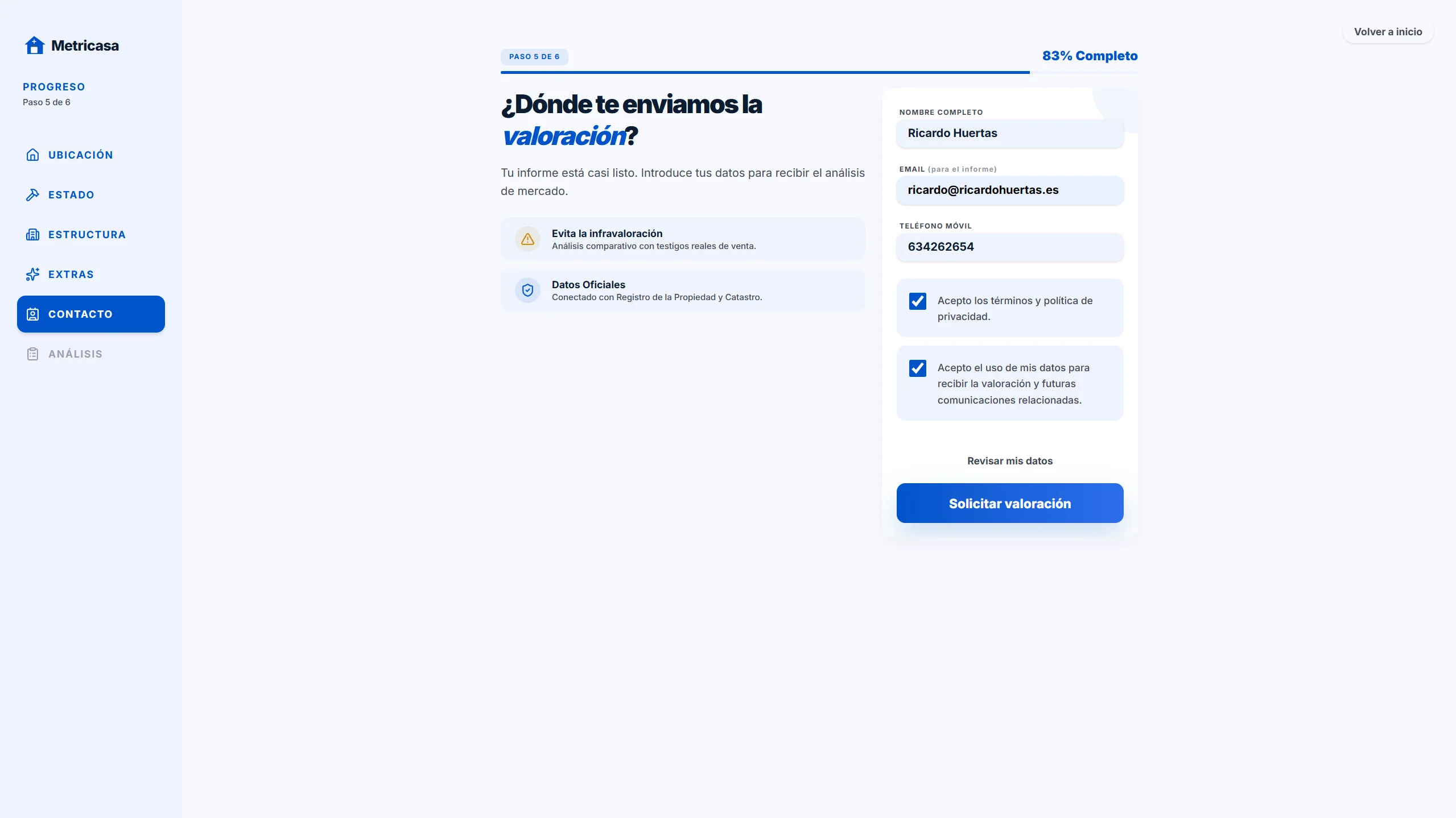 Paso final del wizard: datos de contacto del propietario