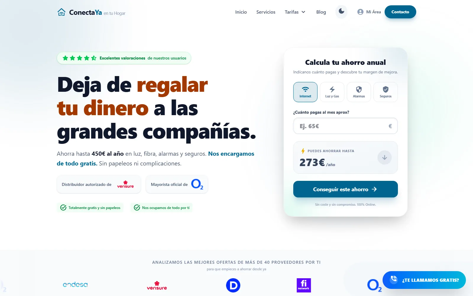 Página pública de ConectaYa con sus servicios y calculadora