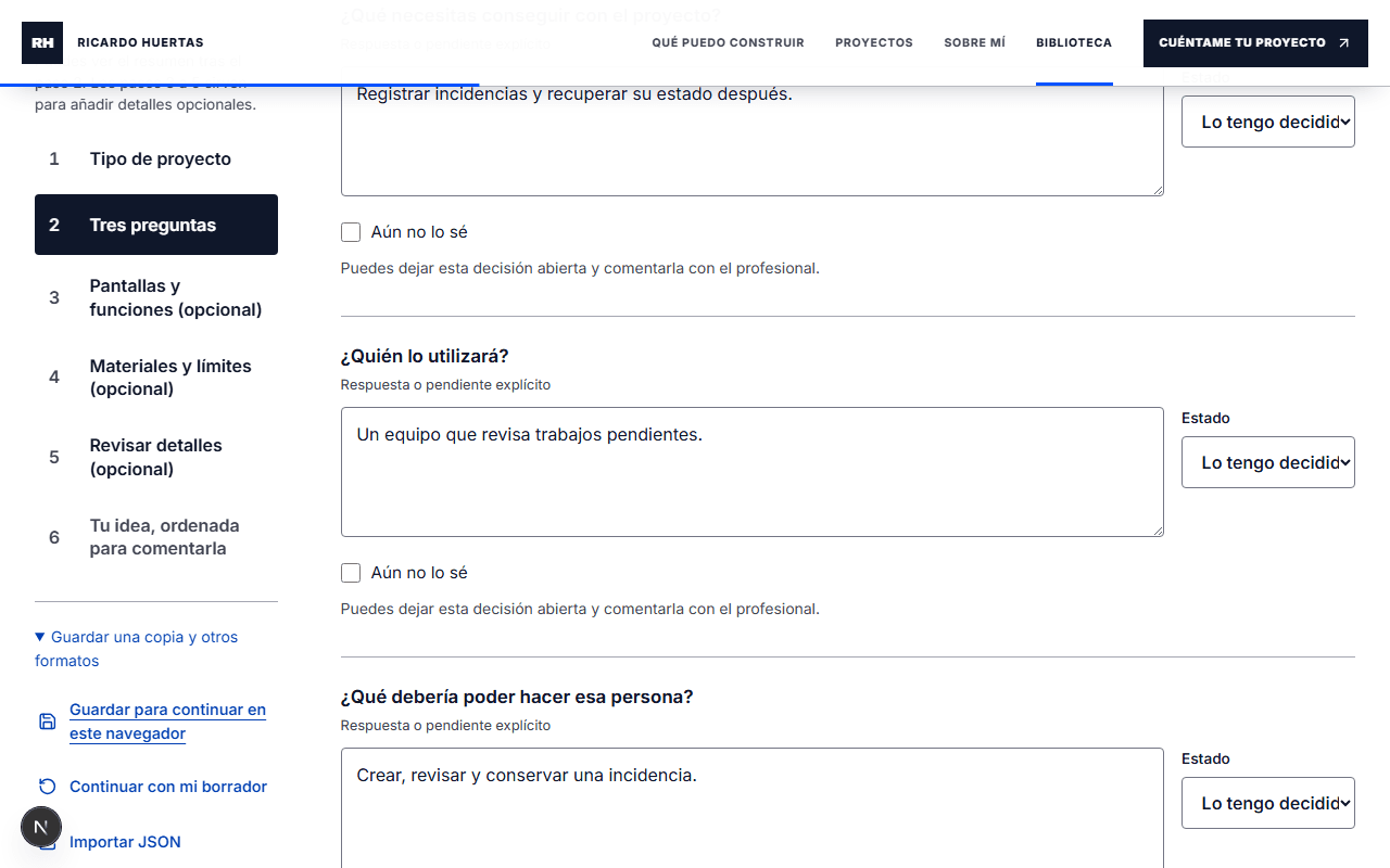 La aplicación confirma que el borrador se guarda en este navegador.