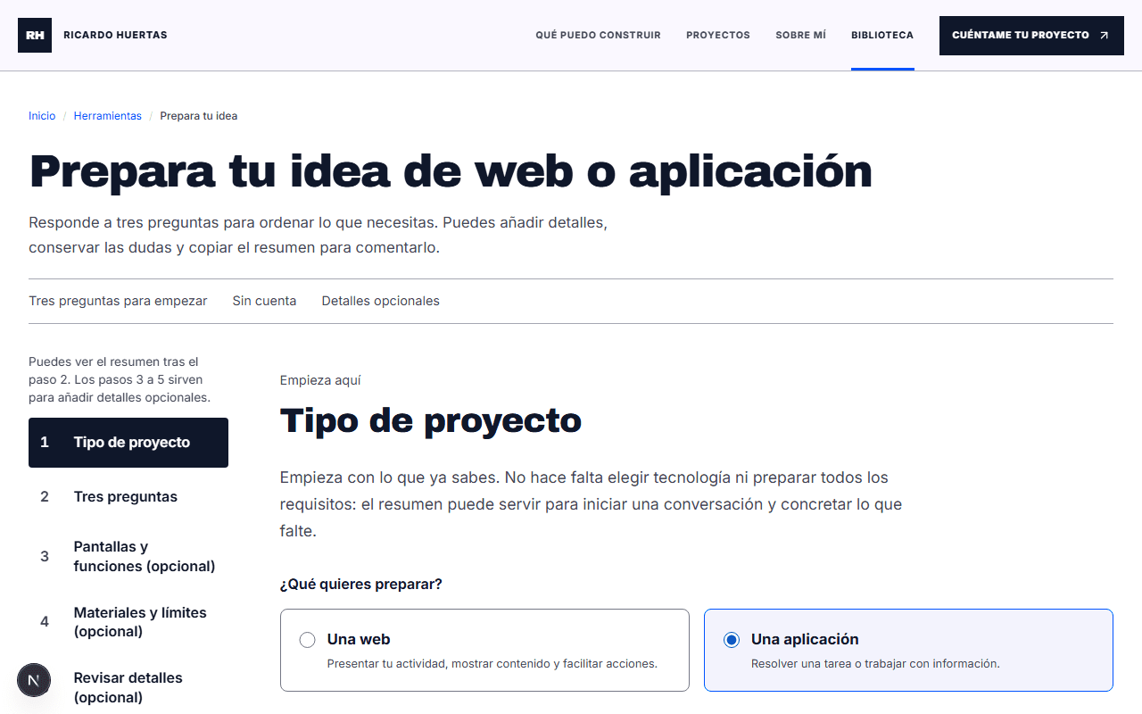 Entrada real del constructor de briefing con el modo aplicación elegido.