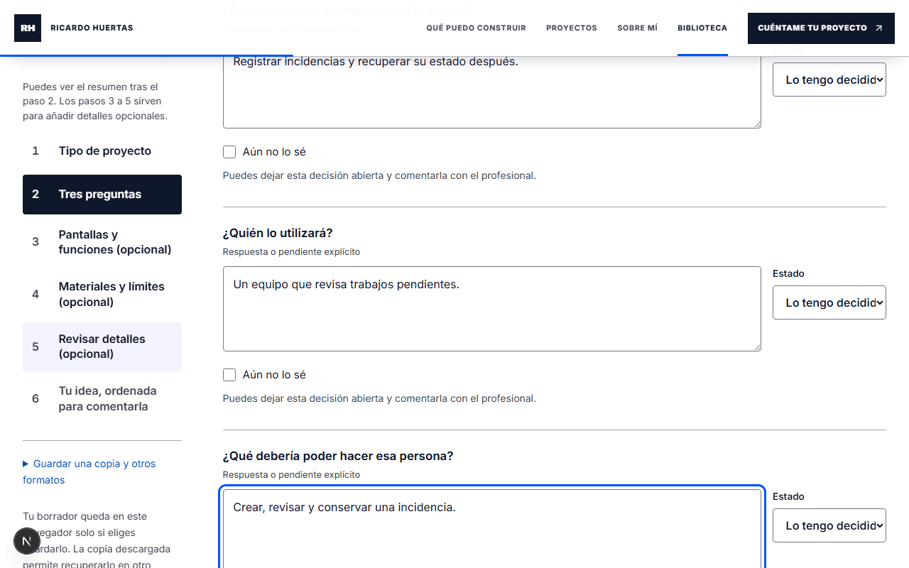 La tarea y el público quedan descritos y cada respuesta conserva si está decidida o pendiente.