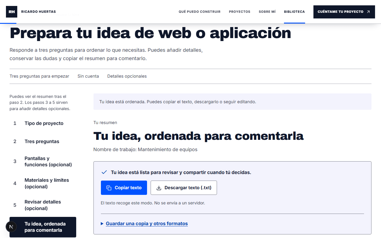 El resumen permite comprobar las respuestas y exportar una copia propia.