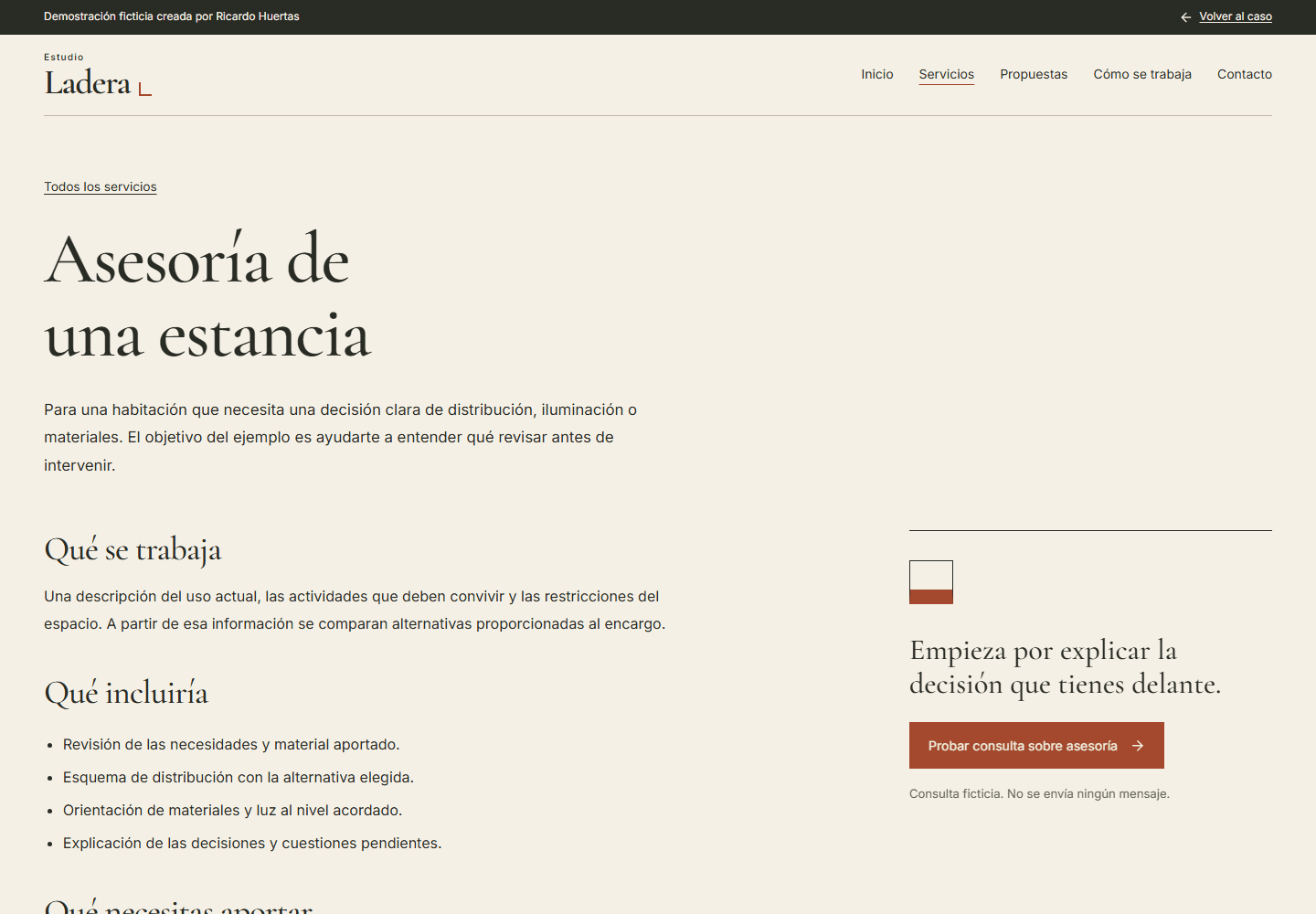 La asesoría explica qué se trabaja y ofrece una consulta contextual.