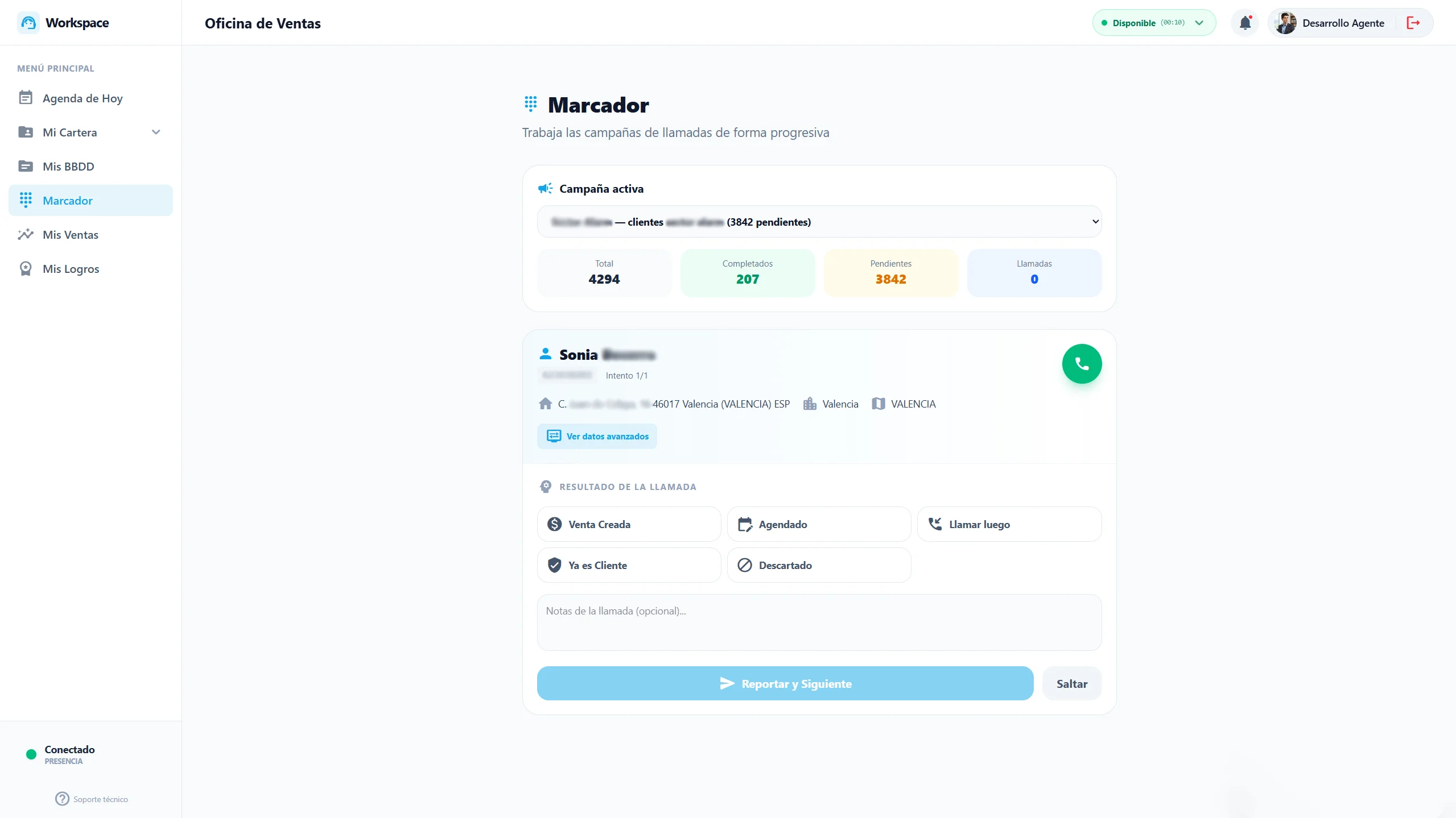 Panel CRM con marcador predictivo VoIP en ConectaYa